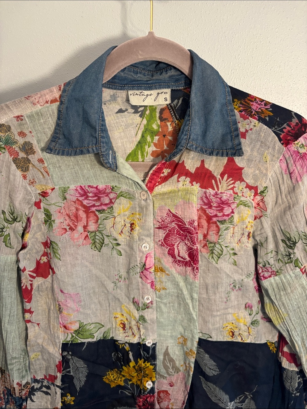 Vintage Goa Floral Patchwork Jean-Collar Shirt, slightly shear- Multi-colored SM